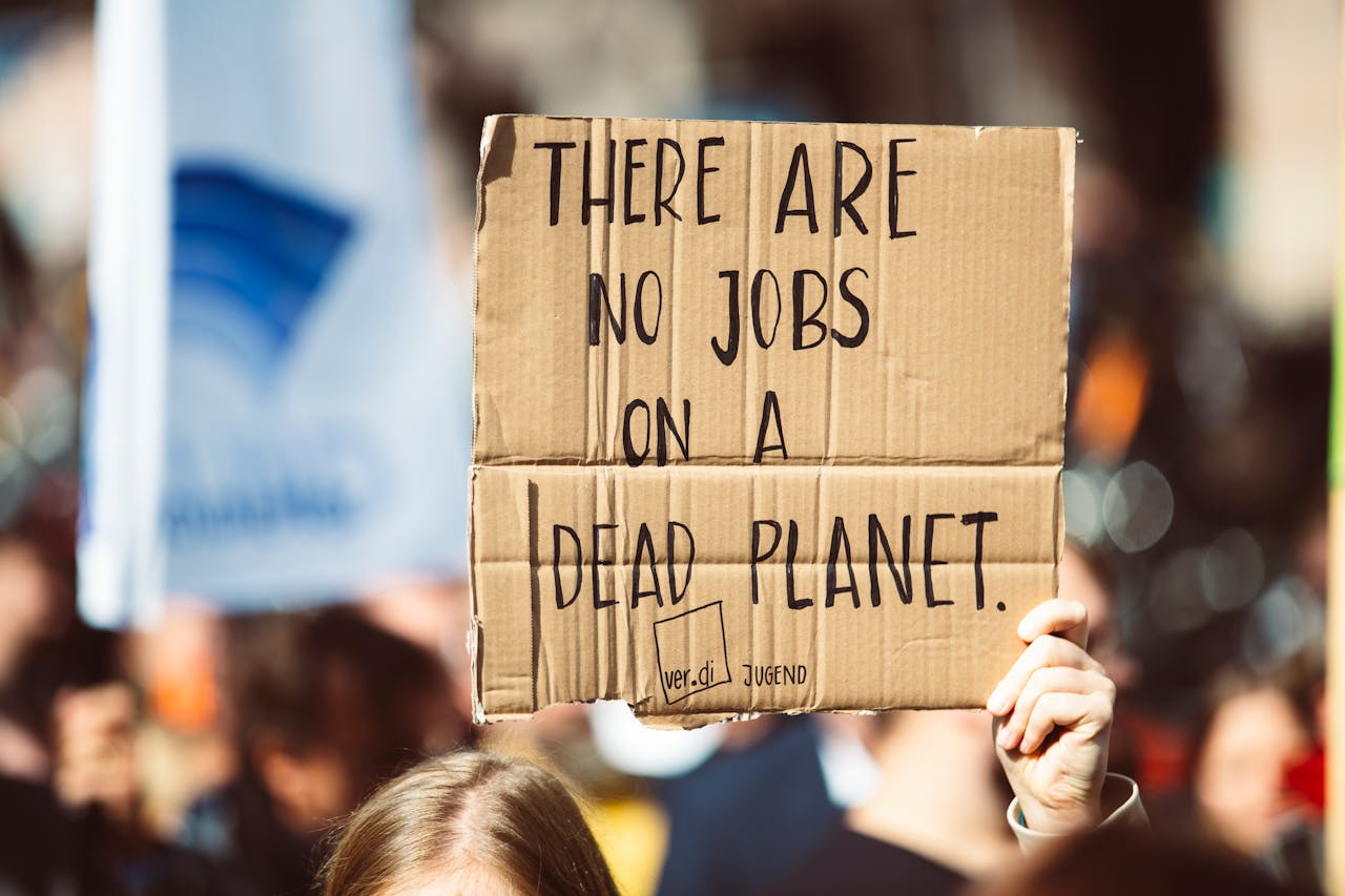 services-04 Cardboard sign at climate protest reads 'There are no jobs on a dead planet.'
